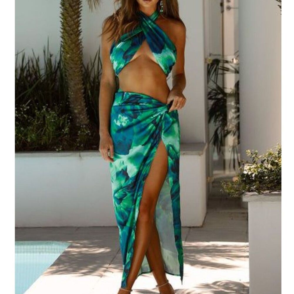 Runaway Tropical Print Halter Top Midi Skirt Set Green XS